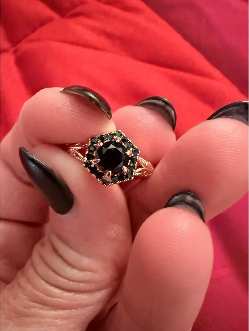 Fragrant Jewels Black Hexagon Halo Ring Rose Gold Tone Size 5